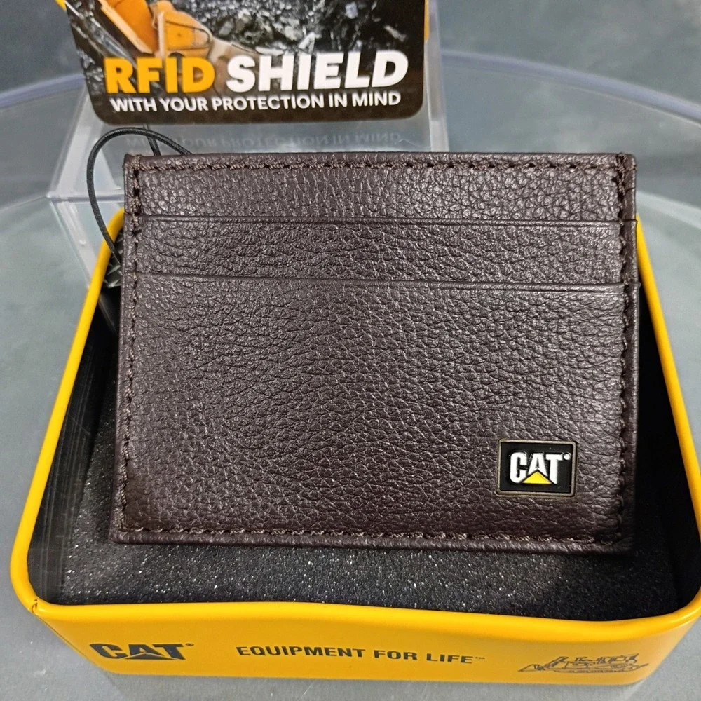 CAT Caterpillar Mens Brown Leather RFID Blocking Slim Card Holder Wallet in Tin